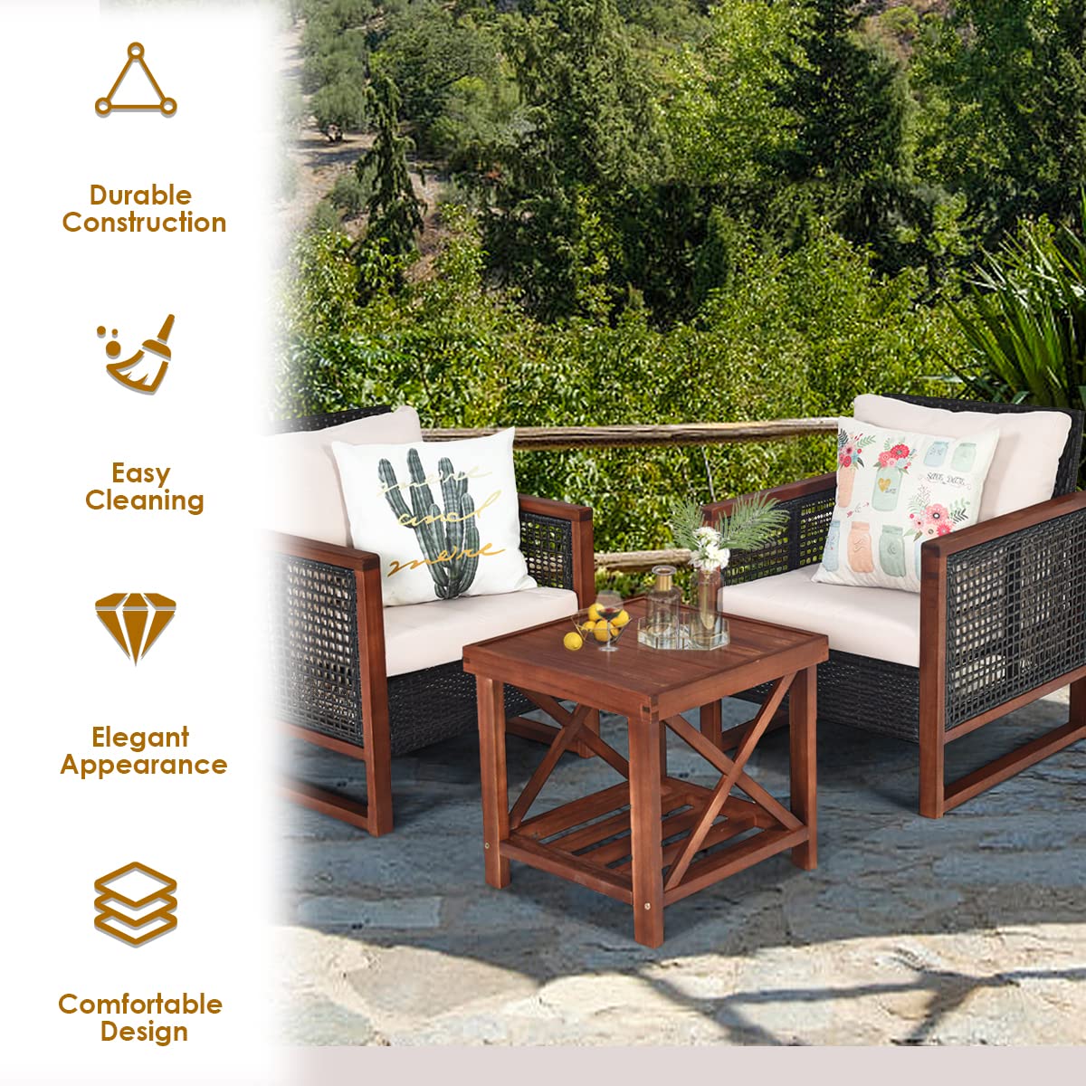 HAPPYGRILL 3 Pieces Outdoor Patio Furniture Set Wicker Chairs with Coffee Table, Balcony Porch Furniture Bistro Set with Wood Frame and Washable Cushions for Garden Poolside Backyard HAPPYGRILL