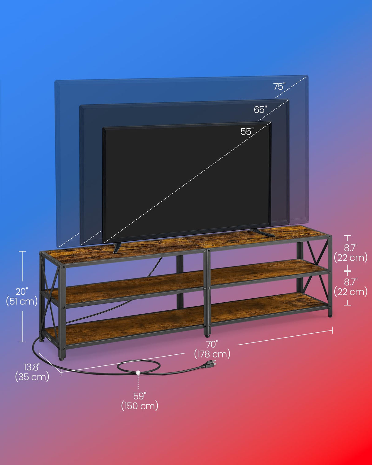 VASAGLE TV Stand with Power Outlets and LED Lights, for TVs up to 75 Inches, Entertainment Center with Open Storage Shelves, TV Console Table for Living Room, Rustic Brown and Ink Black ULTV119K01 VASAGLE