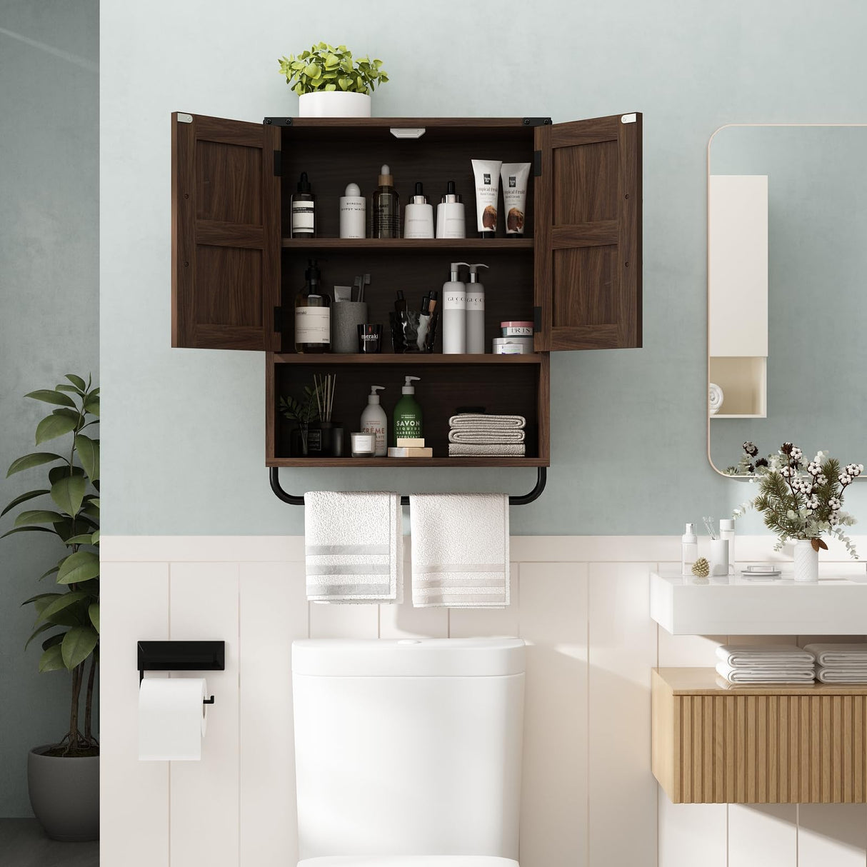 RUSTOWN Farmhouse Wall Storage Cabinet with Two Barn Door, Rustic Mounted Medicine Cabinet with Adjustable Shelf and Towel Bar, 3-Tier Wood Cabinet for Kitchen, Bathroom, Living Room (Dark Walnut) RUSTOWN