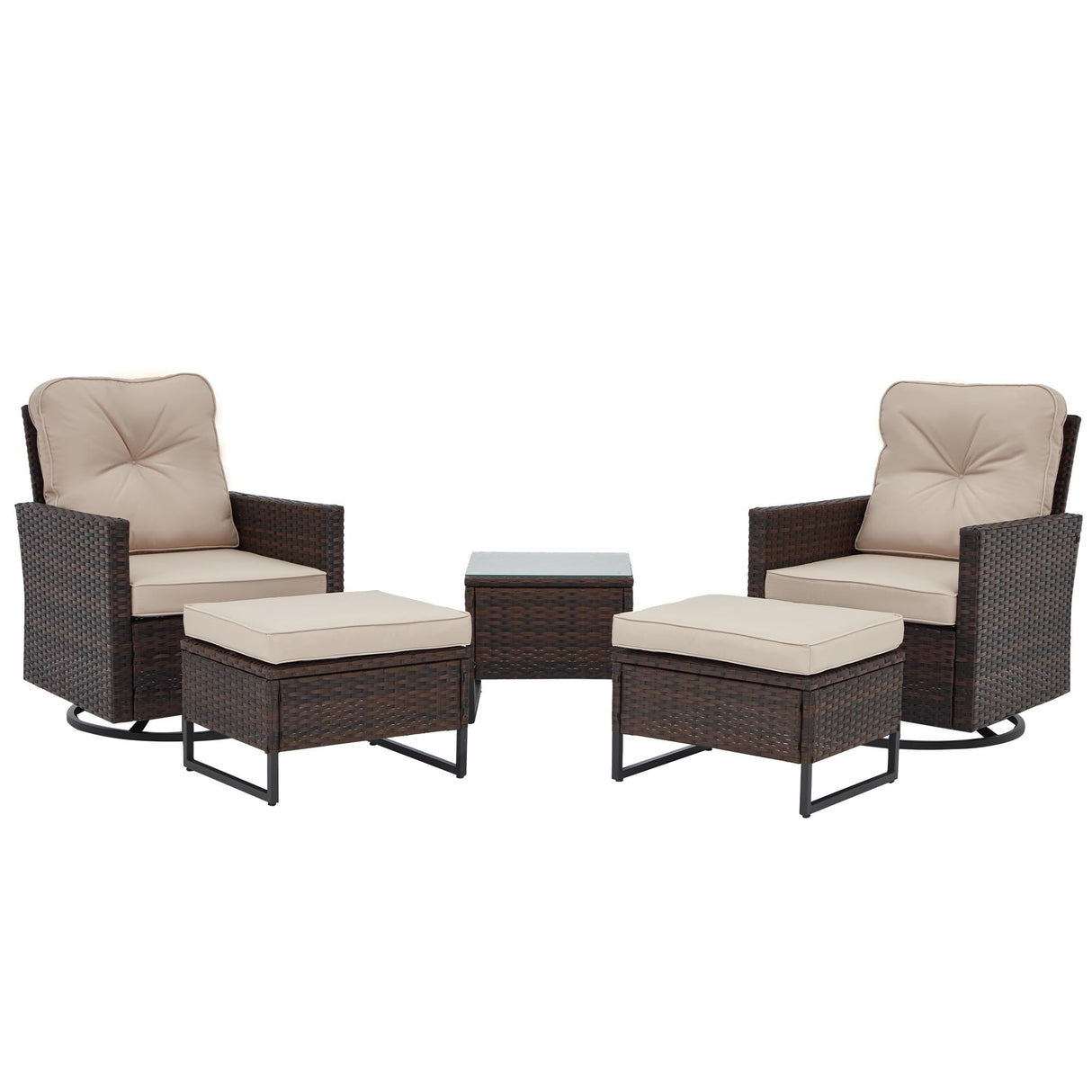 AVAWING 5 Pieces Patio Furniture Set, Wicker Swivel Rocking Chairs with 2 Ottomans and 1 Side Table, Patio Conversation Set w/Waterproof Cushions for Garden, Balcony and Porch, Beige AVAWING