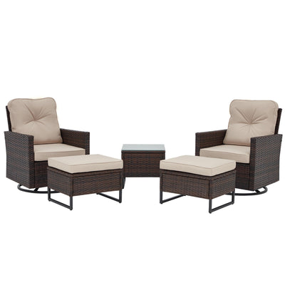 AVAWING 5 Pieces Patio Furniture Set, Wicker Swivel Rocking Chairs with 2 Ottomans and 1 Side Table, Patio Conversation Set w/Waterproof Cushions for Garden, Balcony and Porch, Beige