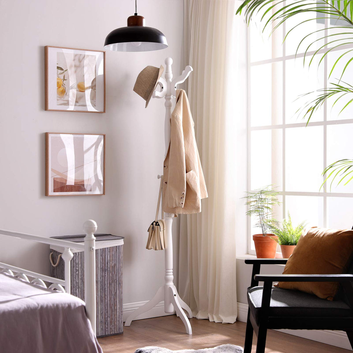 VASAGLE Coat Rack Free Standing with 11 Hooks, Wooden Hall Tree Coat Hat Tree Coat Holder with Solid Rubberwood Base for Coat, Hat, Clothes, Scarves, Handbags, Umbrella, White URCR005W02 VASAGLE