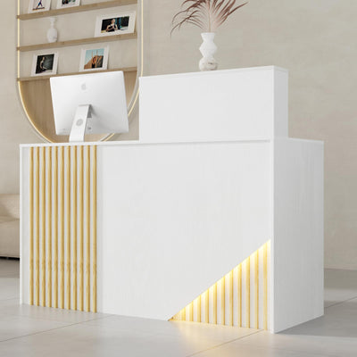 VOWNER Small Morden Reception Desk with LED Lighting, 39.4" H Office Counter with Storage Drawers, Secretary Desk with Power Outlets, Front Desk for Salon, Lobby – White (47.2" W x 18.9" D x 39.4" H)