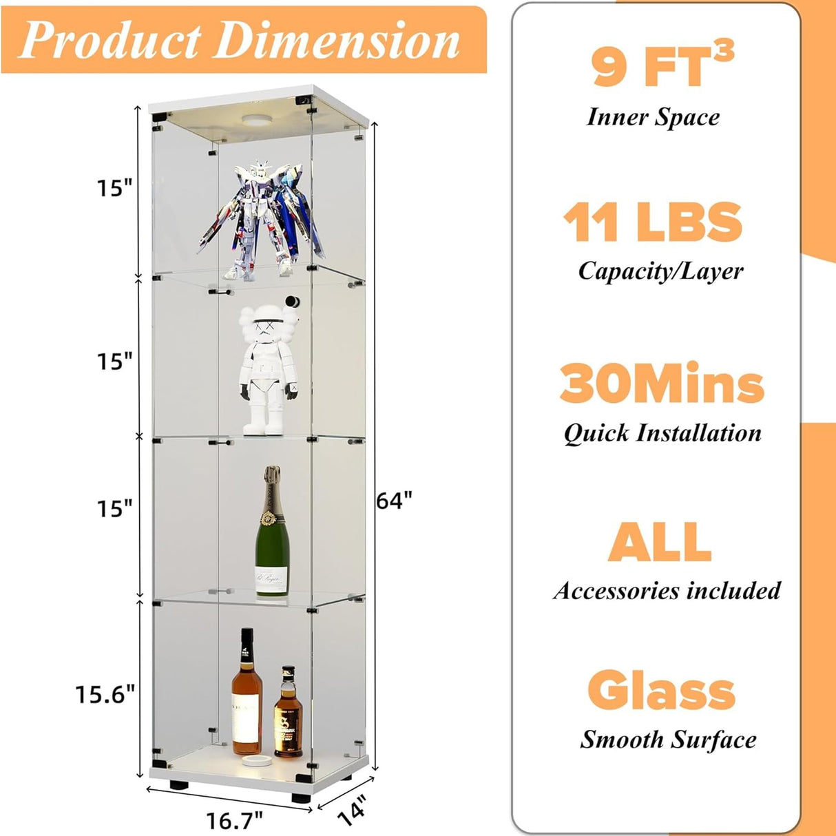 lunhung 4-Shelf Glass Display Cabinet with LED Lights & Lock, Glass Curio Cabinet w/Tempered Glass Single Door, Collection Display Case Bookshelf for Living Room 64.7" Hx 16.7" Wx 14.3" D(White) lunhung