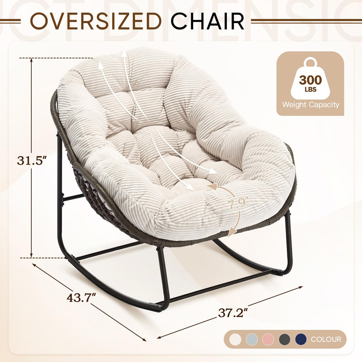 Large Indoor Rocking Chair, Oversized Rocking Papasan Chair with Thick Cushion and Frame,Comfy Corduroy Rocker Wicker Egg Chairs Lounge Reading Chair for Living Room, Bedroom, Apartment, White SLEERWAY