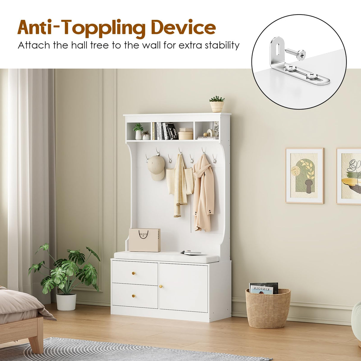 Soohow Hall Tree with Bench and Shoe Storage, Mud Room Bench with Storage and Seating, Hall Tree with Shoe Storage with 7 Hooks, 6-in-1 Farmhouse Hall Tree with Bench for Entryway, 70.9", White Soohow