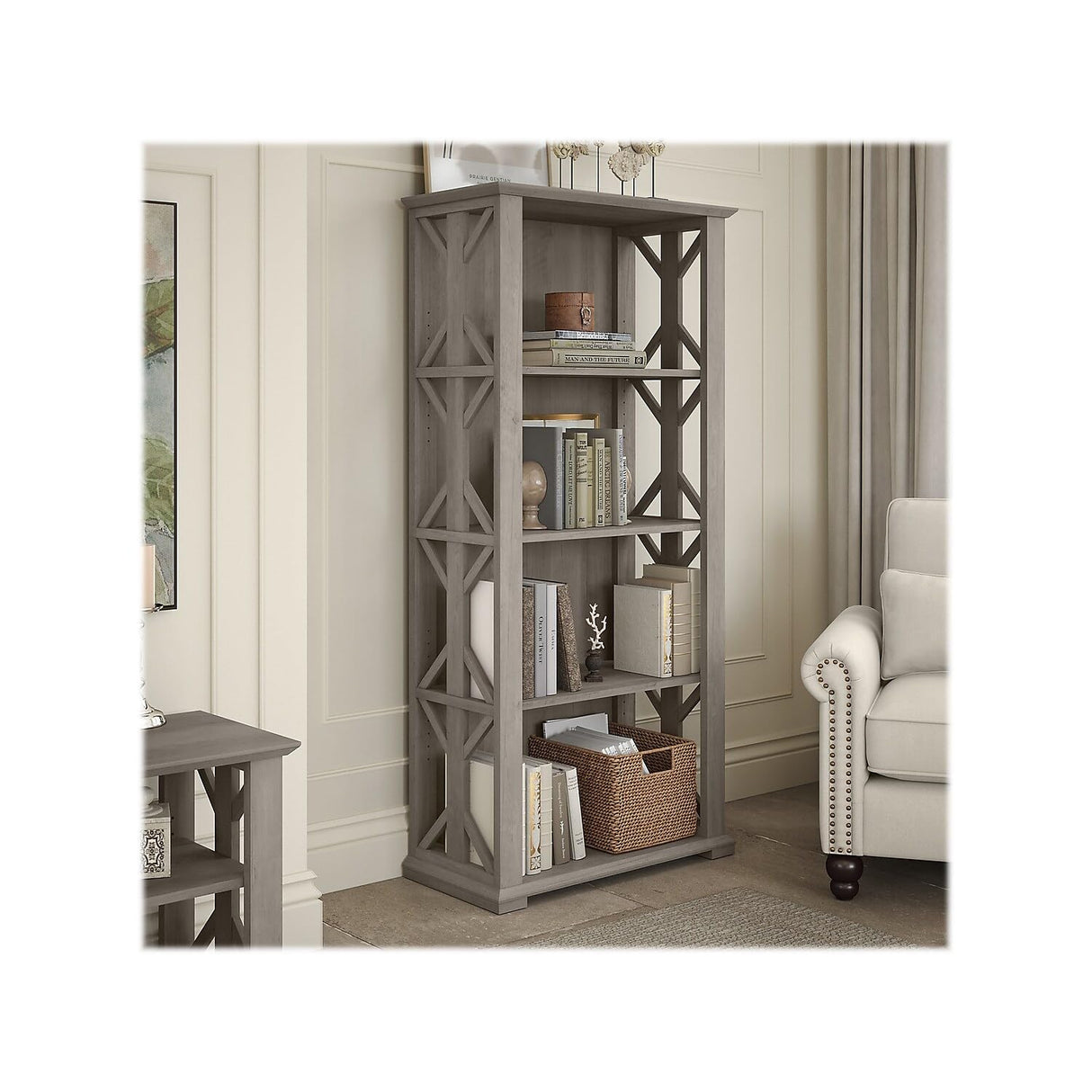 Bush Furniture Homestead 4 Shelf Farmhouse Bookcase in Driftwood Gray, Vertical Office Organizer, Home Shelving Unit for Books and Decor, Bookshelf Bush Furniture