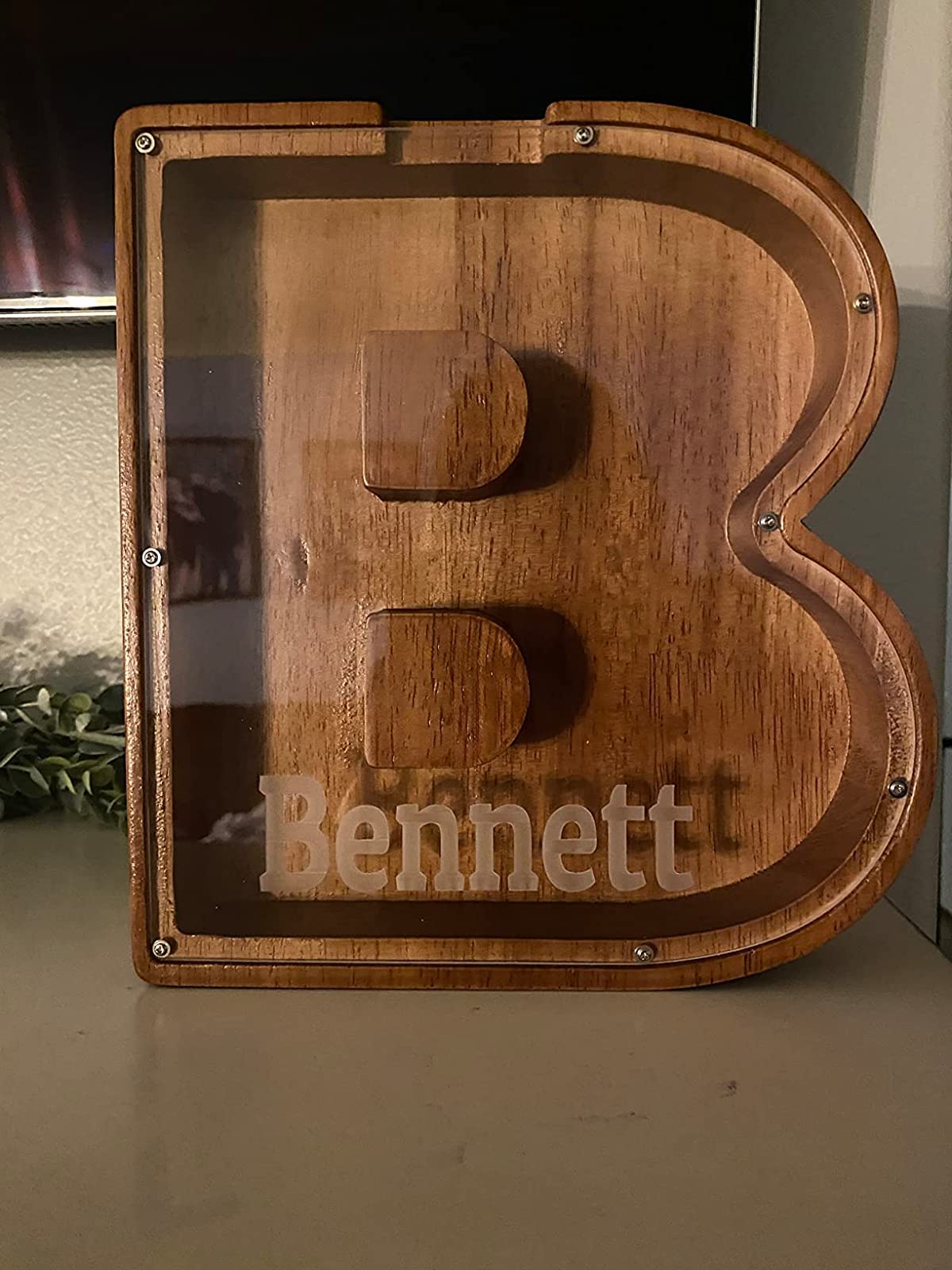 Personalized Large Wooden Kids Letter Piggy Bank Custom Name Coin Bank, (Laser Engraved Name) Wood Alphabet Letter Bank Money Box Birthday (B) ladenk