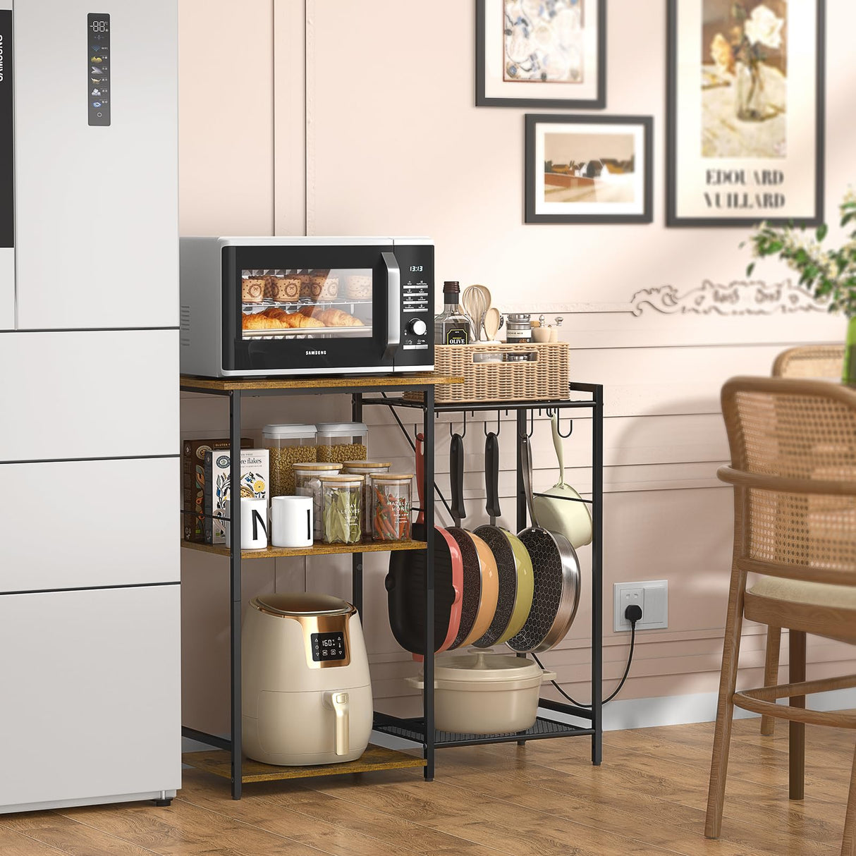 Rustic Brown 5-Tier Kitchen Stand with Pots Rack and 6 S Hooks - Multifunctional Storage Solution for Microwaves and Coffee Bars 3IngSeagulls