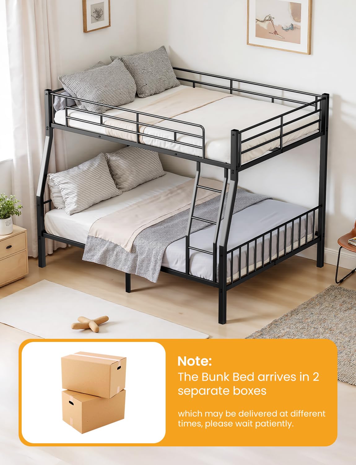 Miscoos Full XL Over Queen Bunk Beds for Adults, Heavy-Duty Metal Bunk Bed Frame with Non-Slip Ladder and Safety Full-Length Guardrails for Kids Teens Adults, Space-Saving, Black Miscoos