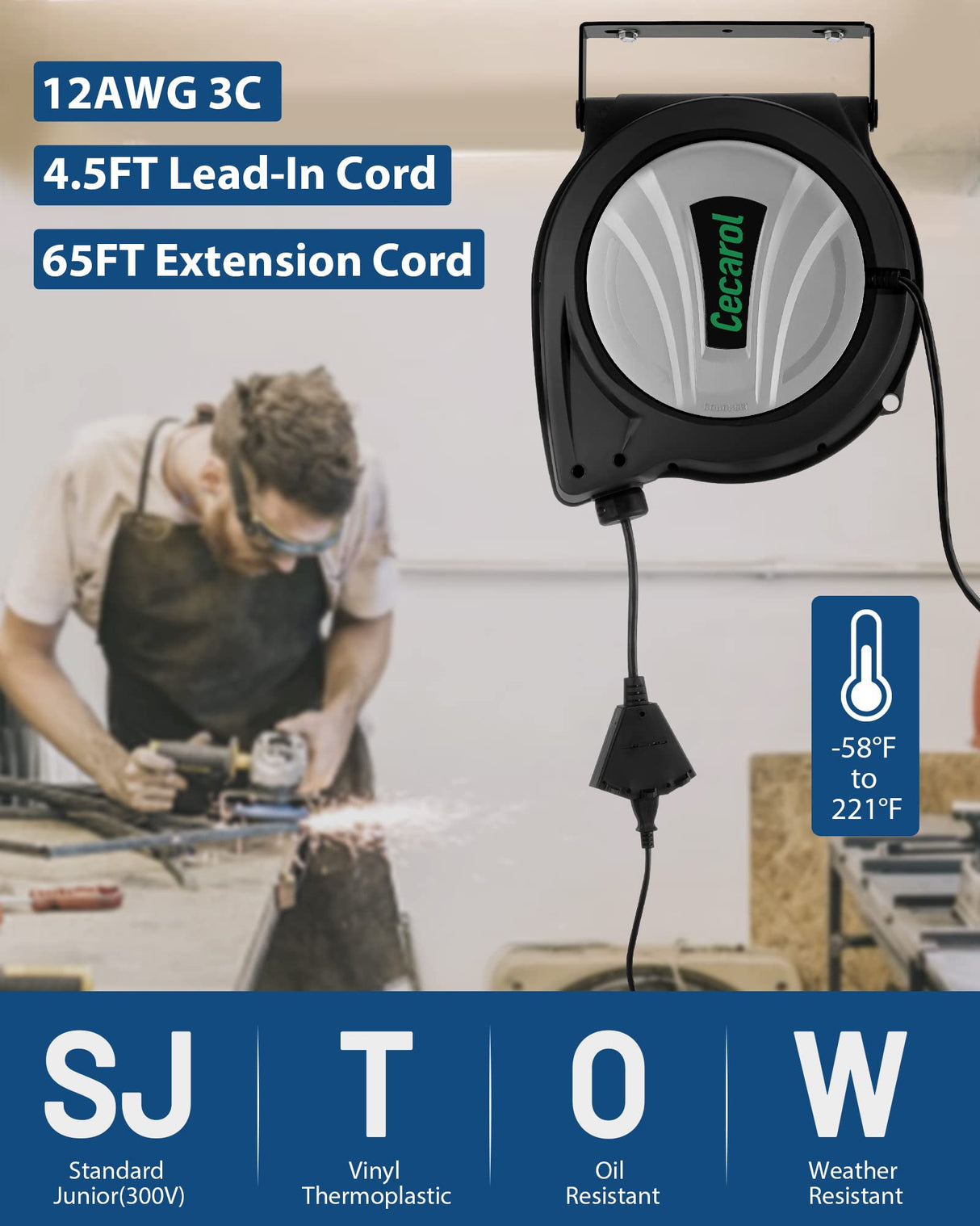 Cecarol Extension Cord Reel 12AWG/3C SJTOW 65FT Retractable Cord with Triple Tap, 15A/ 125V/ 1875W, Slow Retraction Tech, Circuit Breaker, Power Indicator, 180° Swivel (65FT, Black) Cecarol