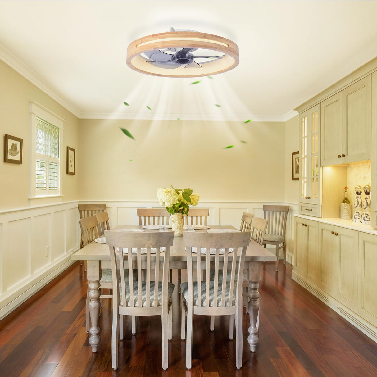 HUOGME Modern Low Profile Ceiling Fans with Lights and Remote, 20" Wooden Flush Mount Reversible Bladeless Ceiling Fans with Light,3000K-6000K Dimmable LED Timing and 6 Wind Speeds HUOGME