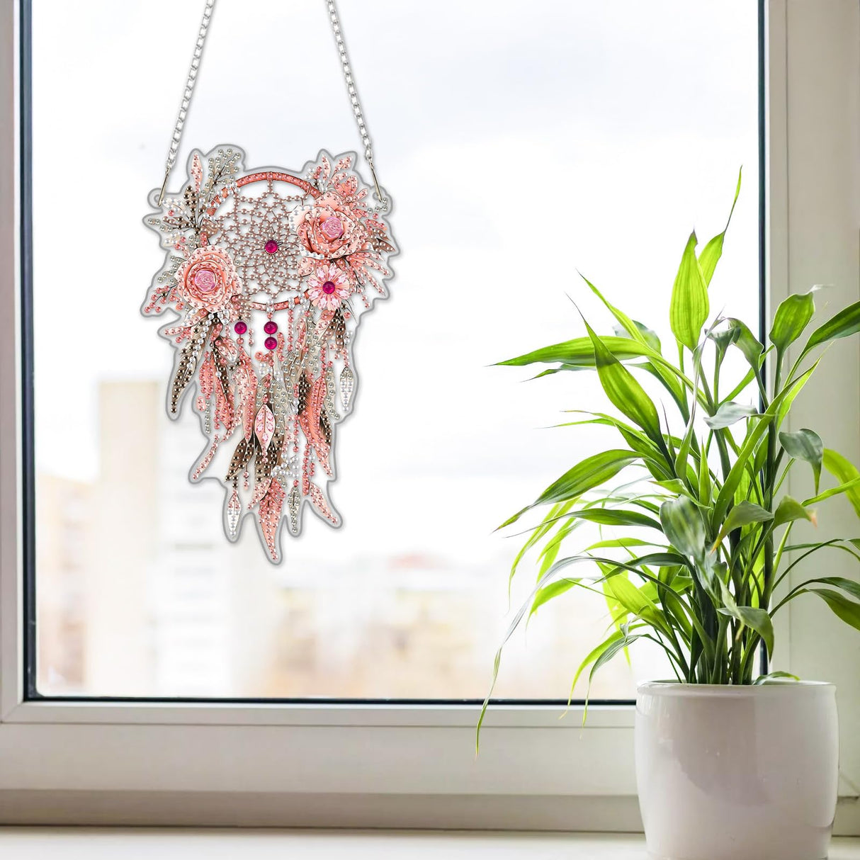 NAIMOER DIY Hanging Diamond Art Kits for Adults, Pink Dream Catcher Diamond Painting Kits, Special Shaped Rhinestone, Acrylic 5D Gem Art Craft Window Pendants Home Garden Wall Hanging Ornament Kits NAIMOER