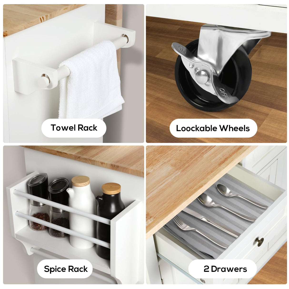 VOWNER 43" Kitchen Island with Drop Leaf, Island Table Kitchen with Storage, Solid Wood Countertop Rolling Kitchen Cart for Kitchen, Living Room VOWNER