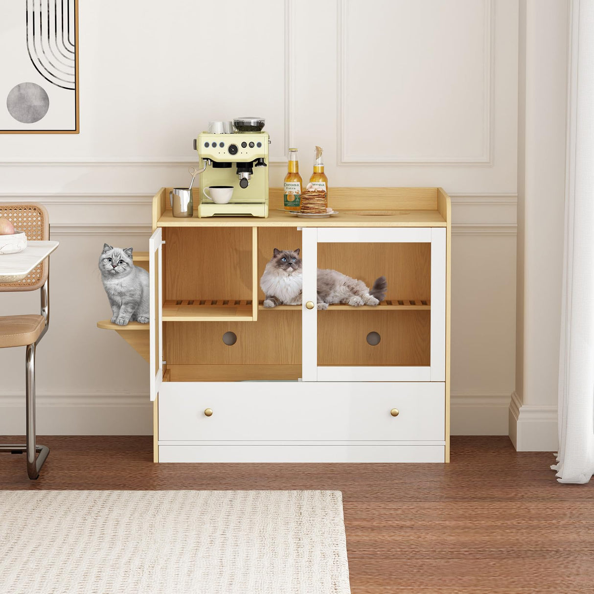 DAWNSPACES Extra Large Cat Litter Box Enclosure Furniture Hidden, Cat Condo Cabinet Pet House with Stairs for 2, Nightstand Side Table witha Large Drawer for Living Room, Natural DAWNSPACES