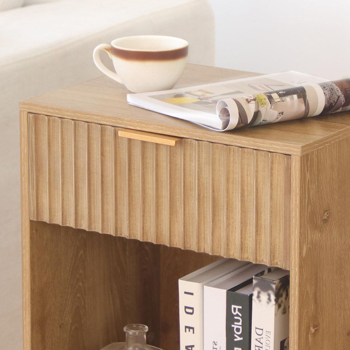 Fultyle Night Stand with Drawer, Mid Century Nightstand with Storage, Modern Fluted Bedside Table Bedroom Living Room for Small Space, Office (Rustic Walnut) Fultyle