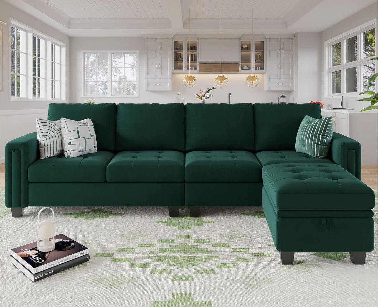 Belffin Velvet Reversible Sectional Sofa with Chaise Convertible L Shaped 4-seat Sectional Couch with Storage Ottoman Green Belffin