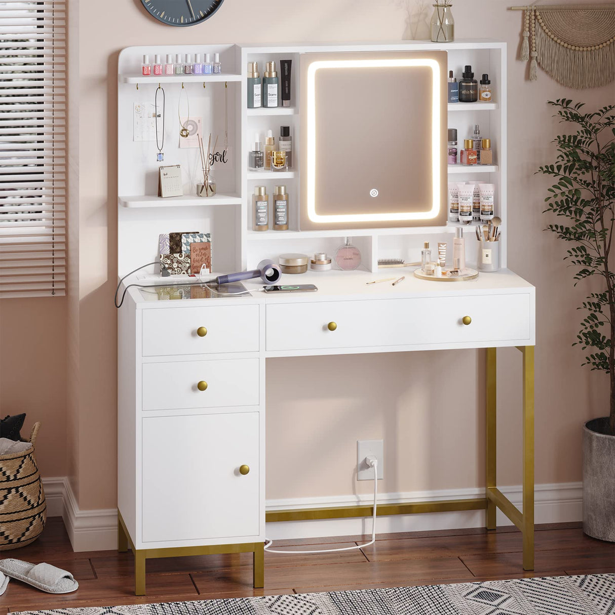 AOGLLATI Makeup Vanity with Lights in 3 Colors, White Vanity Desk with Mirror and Lights, Vanity Table with Charging Station, Makeup Desk with Visible Drawers, Hidden and Open Storage Shelves AOGLLATI