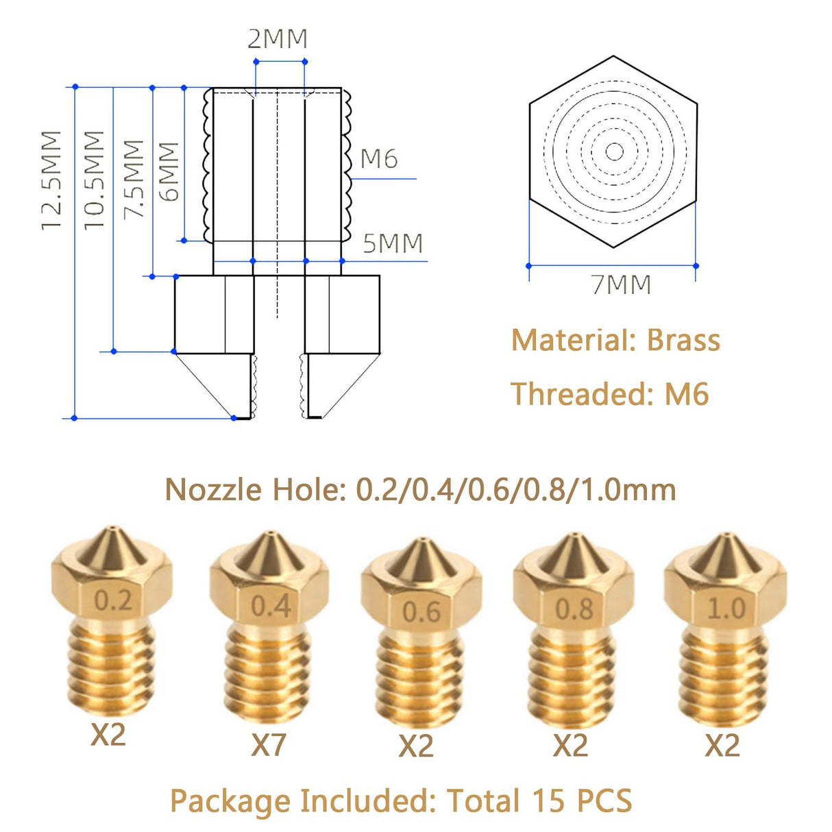 LANKEGU 15PCS Brass Nozzles Kit for Anycubic Kobra, 3D Printer 7PCS 0.4mm Nozzles and 2PCS 0.2mm, 0.6mm, 0.8mm, 1.0mm Brass Nozzles Kit for Anycubic Mega, Mega X, Chrion, Kobra, Kobra Neo LANKEGU