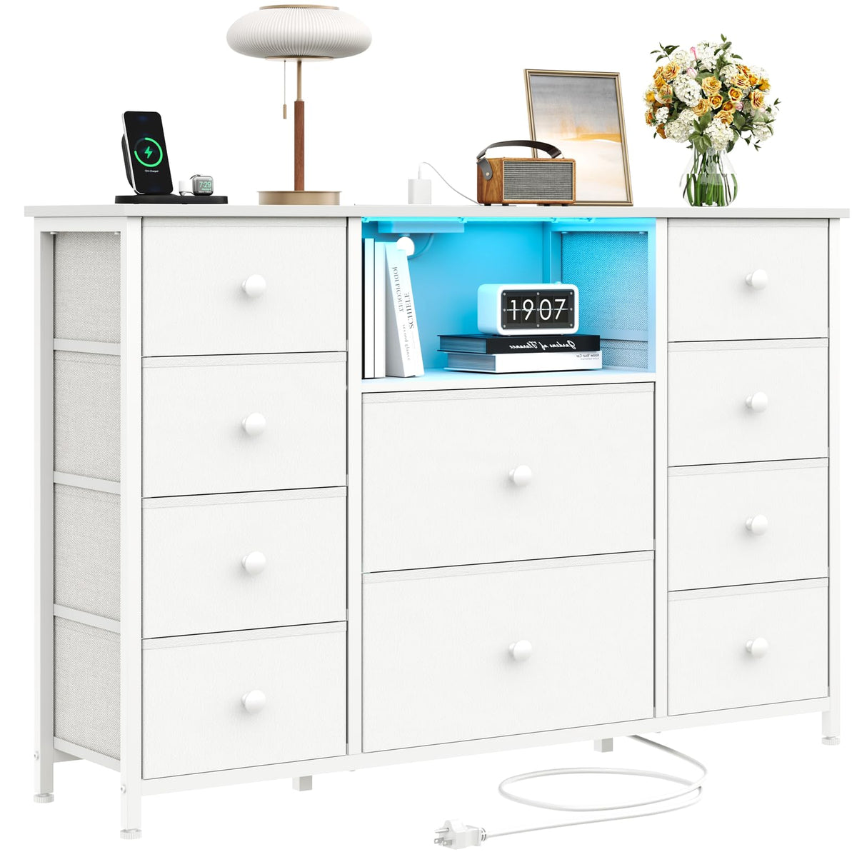 Dresser for Bedroom with 10 Drawers, White Storage Organizer TV Stand for 55" TV with LED Lights and Sockets, Fabric Chest of Drawers with PU Finish for Kid Room, Entryway, Living Room, Hallway LIWEIJIA