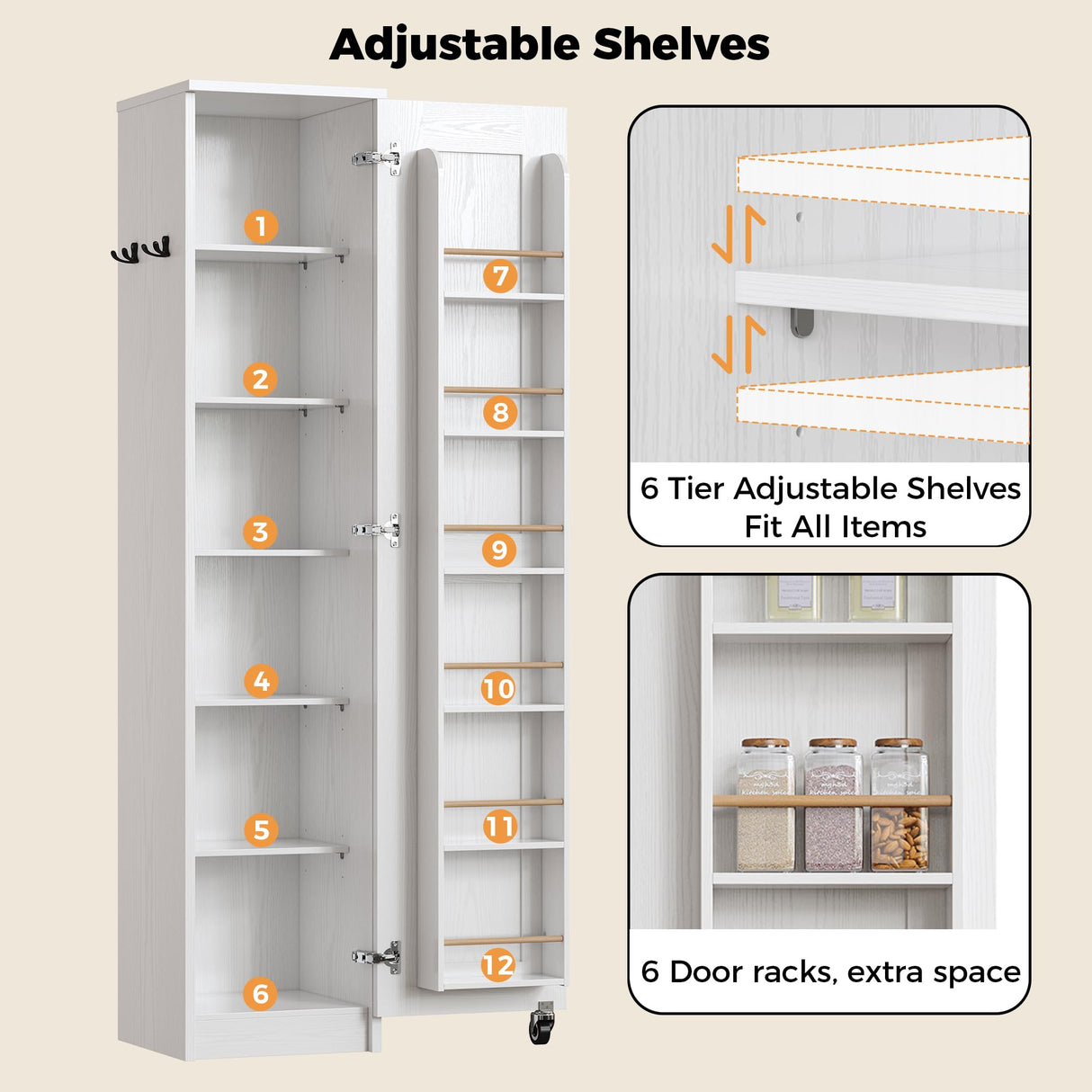 IRONCK Narrow Kitchen Pantry Storage Cabinet, 72" Slim Single Door with 6 Adjustable Shelves, Door Rack and Wheels, Space Saving Freestanding Storage Floor Cabinet for Small Place, White IRONCK