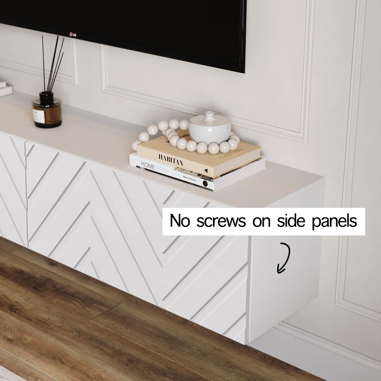 Living Skog Floating TV Stand Wall Mounted for Living Room and Bedroom, Media, Entertainment Center with Storage and Drawers Fits TV 50 55 60 65 inch Cabinet (Alessio White, 59 in) Living Skog