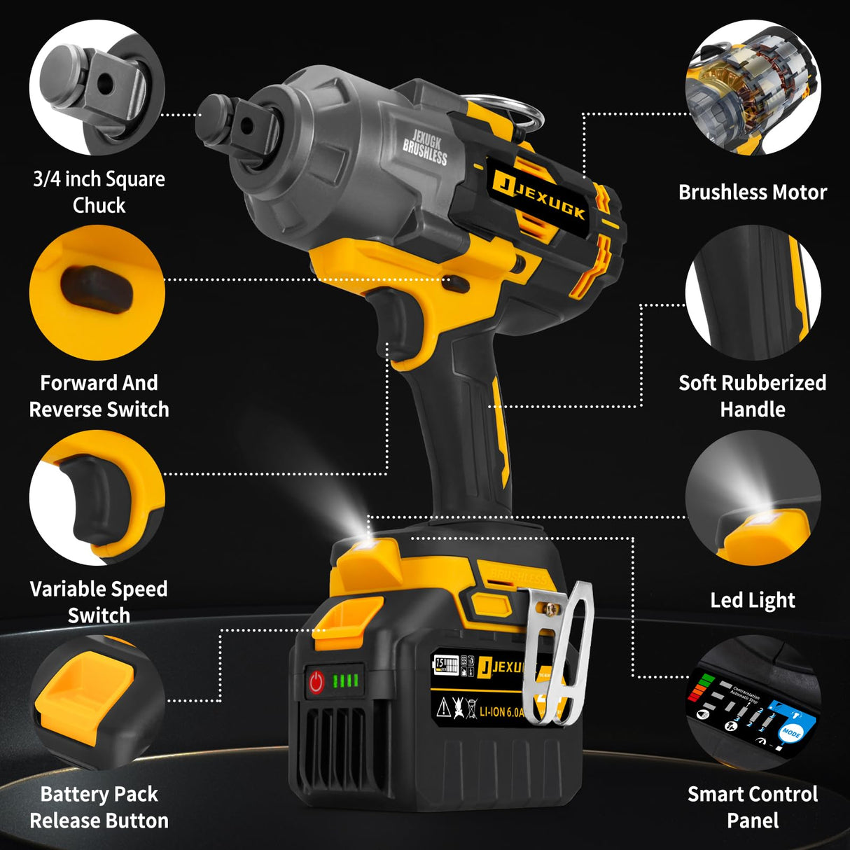 JEXUGK 2000Nm Cordless Impact Gun, 3/4" To 1/2" 2 x 6.0AH Battery Heavy High Torque Impact Wrench, 1500Ft-lbs Brushless Eléctrica Pistola de Impacto, Power Llave de Impacto for Truck Mower Car Repair JEXUGK