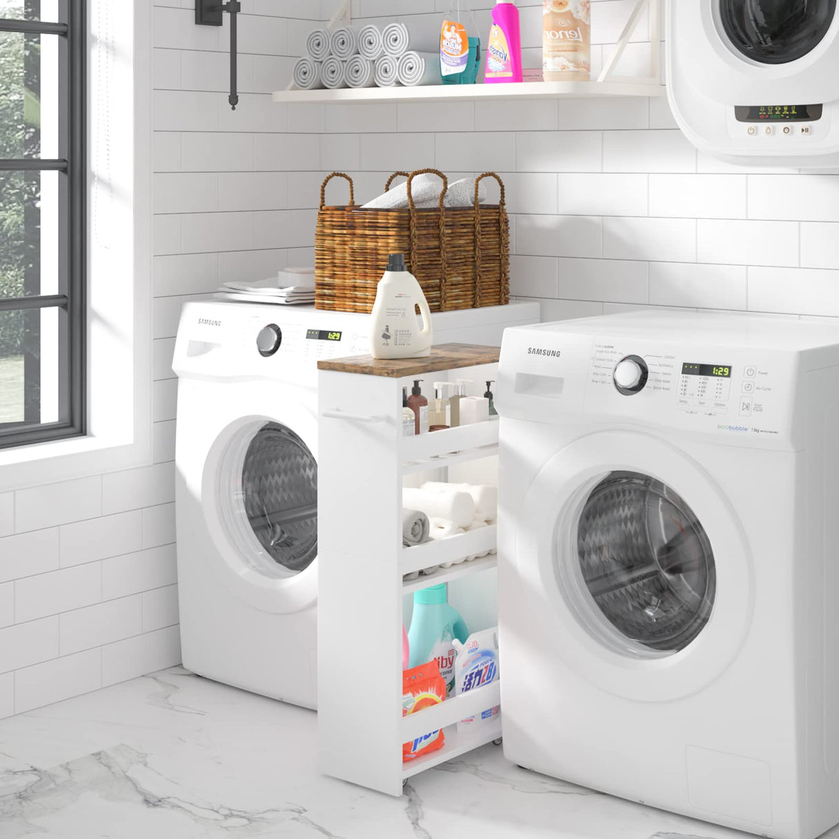 TEAMIX 4 Tier White Slim Storage Cart with Handle, 7.9''W Slide Out Storage Rolling Utility Cart Mobile Shelving Unit Organizer Trolley for Small Spaces Kitchen Laundry Narrow Places TEAMIX