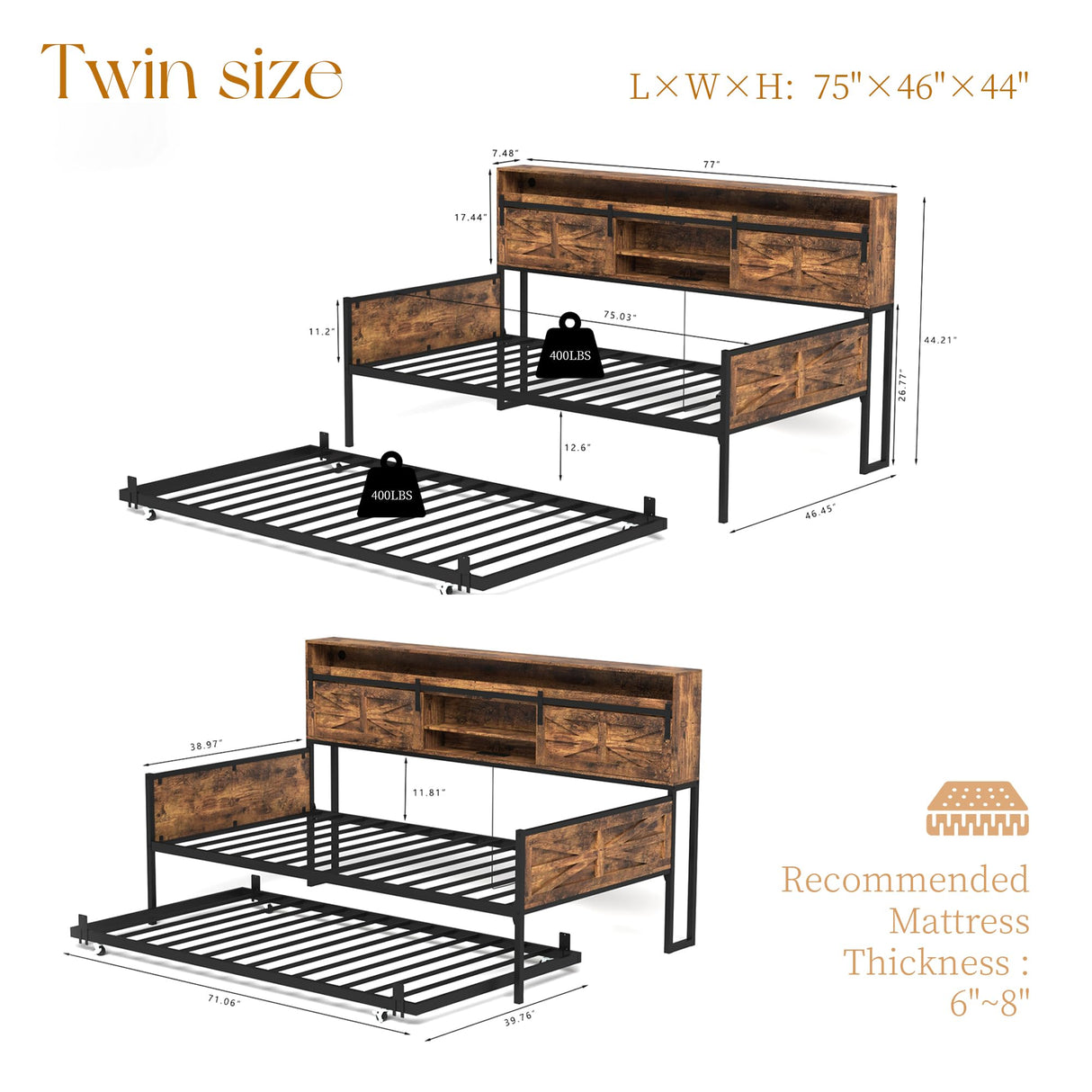 Daybed with Trundle and LED Light, Farmhouse Twin Daybed Frame with Storage Headboard & Charging Station, Heavy Duty Metal Day Bed with Sliding Barn Door for Living Room,Bedroom (Rustic Brown, Twin) HMYFGD
