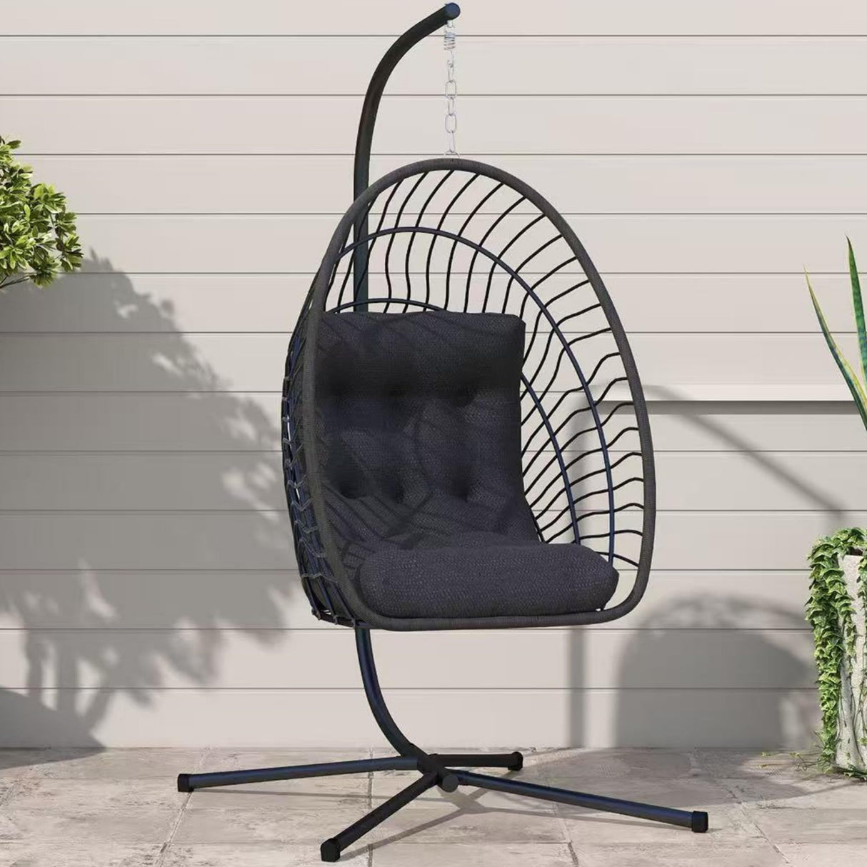 Kingdura Hanging Egg Chair with Stand Indoor Outdoor, Foldable Rattan Wicker Hammock Egg Swing Chair for Bedroom Porch Patio Garden, Thickened Cushion, 350LBS Capacity, Heavy Duty Frame Kingdura