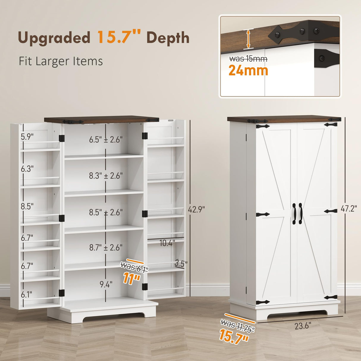 HOMCOM 47" LED Kitchen Pantry Cabinet, Farmhouse Storage Cabinet with 5 Deep Shelves and 12 Door Shelves, Freestanding Food Pantry with Barn Door, White HOMCOM