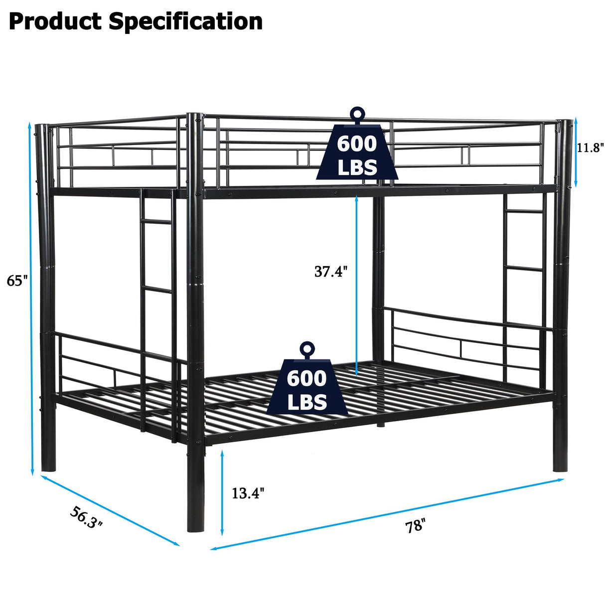 ZMIZAKOY Heavy Duty Full Over Full Bunk Bed for Kids Adults Teens, Metal Bunk Bed Full Over Full with Sturdy Guard Rail & 2 Side Ladders, Convertible Bunkbed,No Box Spring Needed (Black) ZMIZAKOY