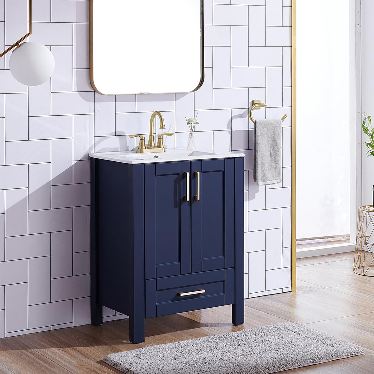 Wenore Home 24 Inch Bathroom Vanity with Sink, Blue Bathroom Vanity Sink Set, Modern Bathroom Sink Cabinet Combo, Small Bath Vanity with White Three Hole Ceramic Sink Wenore Home