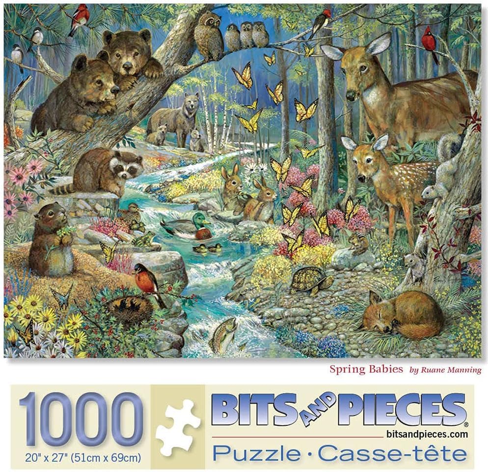 Bits and Pieces – 1000 Piece Jigsaw Puzzle for Adults – Spring Babies - Forest Animals, Flowing River Jigsaw Puzzle by Artist Ruane Manning, Completed Puzzle Size: 24" x 30" Bits and Pieces