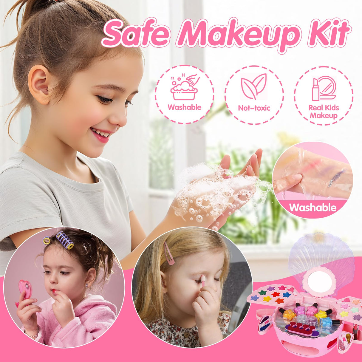 Kids Nail Polish Set for Girls, All-in-One Nail Art Make Up Kit -Dryer/ Glitter Powder/ False Nails/ Toe Separator/ File/ Lipsticks/ Eyeshadow,Washable Makeup Toys Age 3-12 Little Girl Birthday Gift AugToy