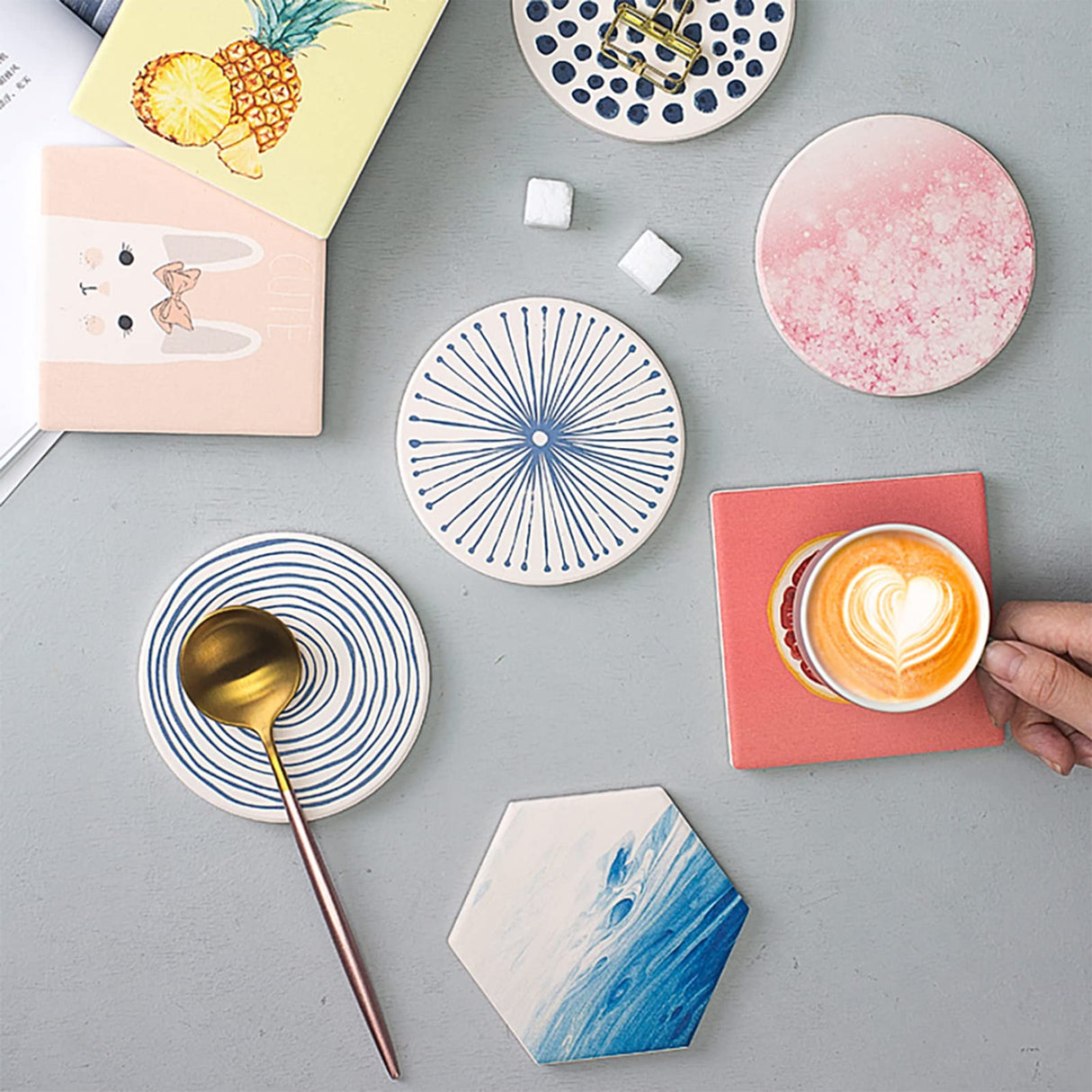 HooAMI Sublimation Blanks Coaster for Drinks, Absorbent Ceramic Stone Coaster Set with Cork Backing Pads, Heat Transfer Cup Coasters for Home Decor,Set of 6 (Round) HooAMI