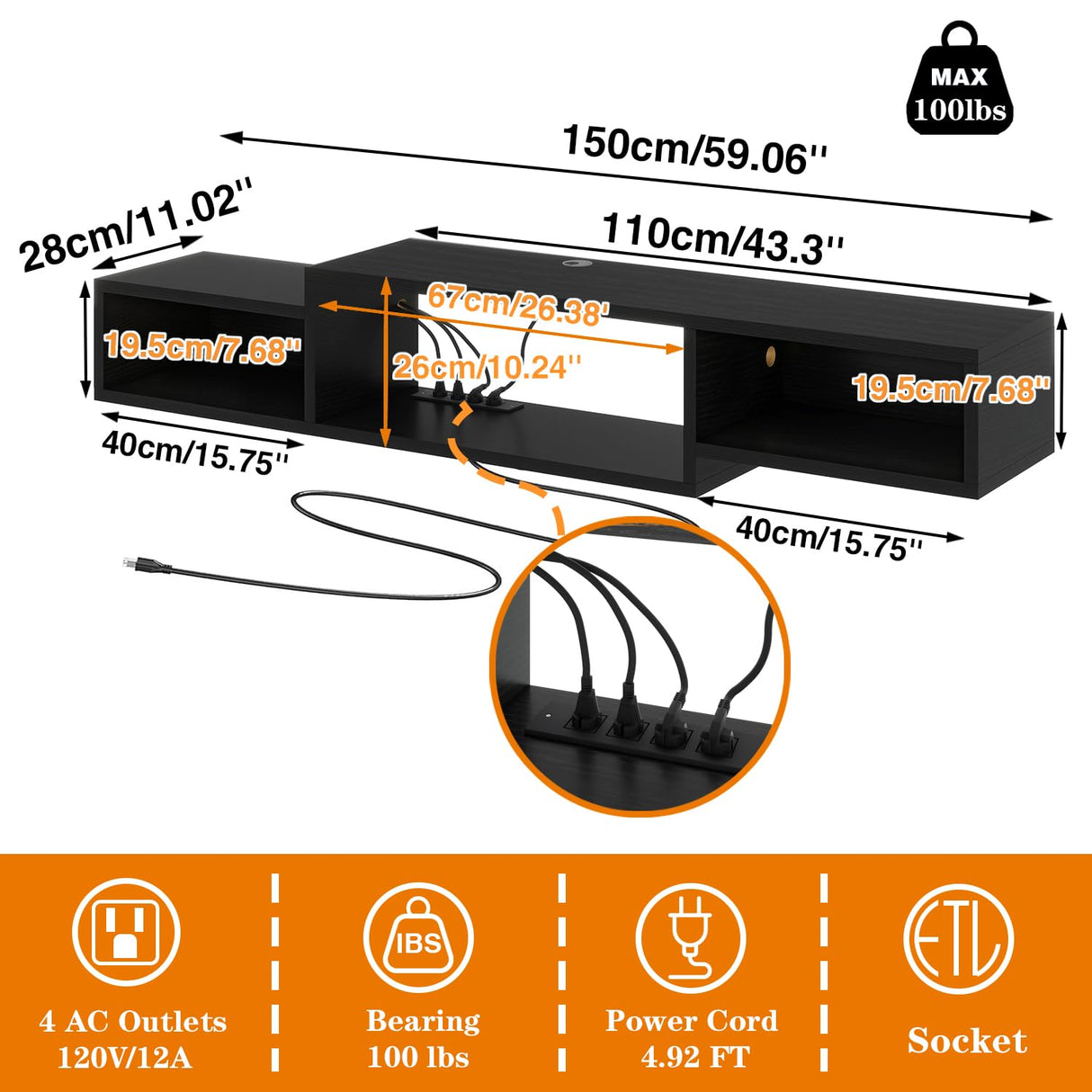 IBUYKE 59" Floating TV Stand Wall Mounted with Power Outlet,Wood Wall Mounted Media Console Shelf,Floating Entertainment Center for Under TV Storage for Living Room Bedroom Office,Black WST007B IBUYKE