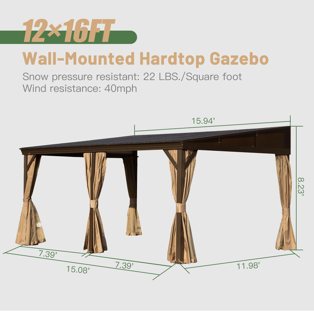 Domi 12x16FT Lean to Gazebo, Hardtop Wall Mounted Gazebo with Sloping Galvanized Steel Roof, Aluminum Frame, Drainage System, Curtains and Netting, for Patio, Deck, Garden, Backyard domi outdoor living