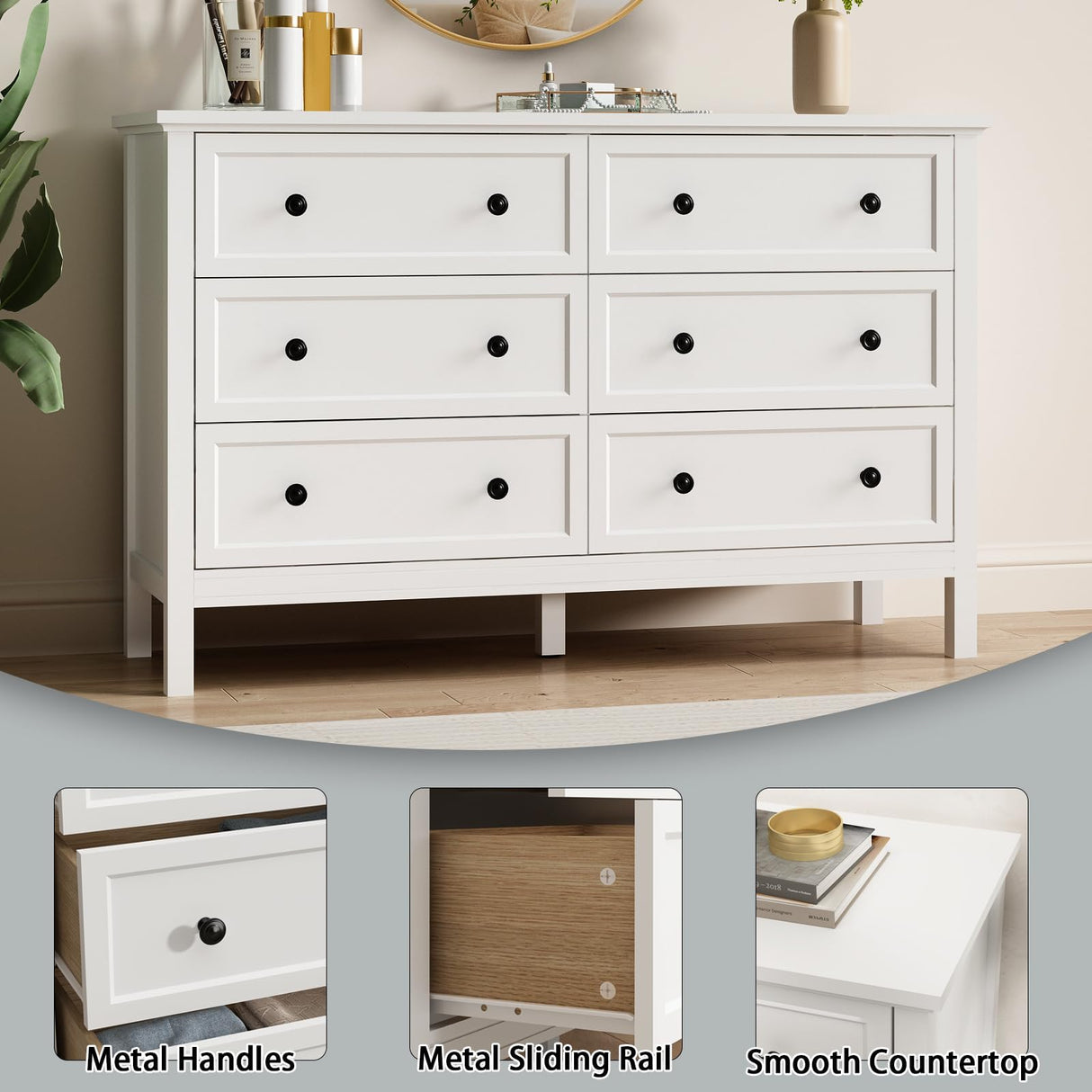 CARPETNAL White Dresser for Bedroom, 6 Drawer Dresser with Wide Drawer and Metal Handles, Wood Dressers & Chests of Drawers for Hallway, Entryway. CARPETNAL