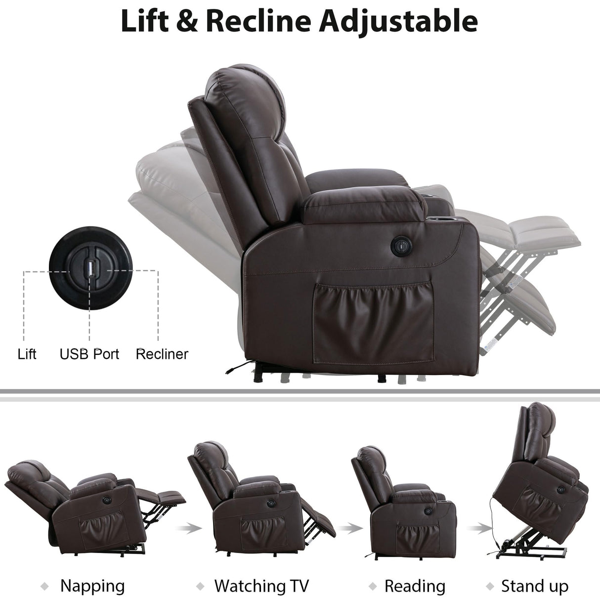 Bonzy Home Oversized Power Lift Recliner Chair for Elderly, Faux Leather Lift Chair with Heated and Massage, Extra Wide Single Sofa with 2 Cup Holders, Side Pockets, USB Port, Brown Bonzy Home