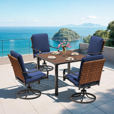 MELLCOM 5-Piece Outdoor Dining Set, 4 Swivel Leather-Look Chairs with Cushions & Square Dining Table with Umbrella Hole, Patio Furniture Set for Porch, Garden, Backyard, Poolside, Deck, Blue