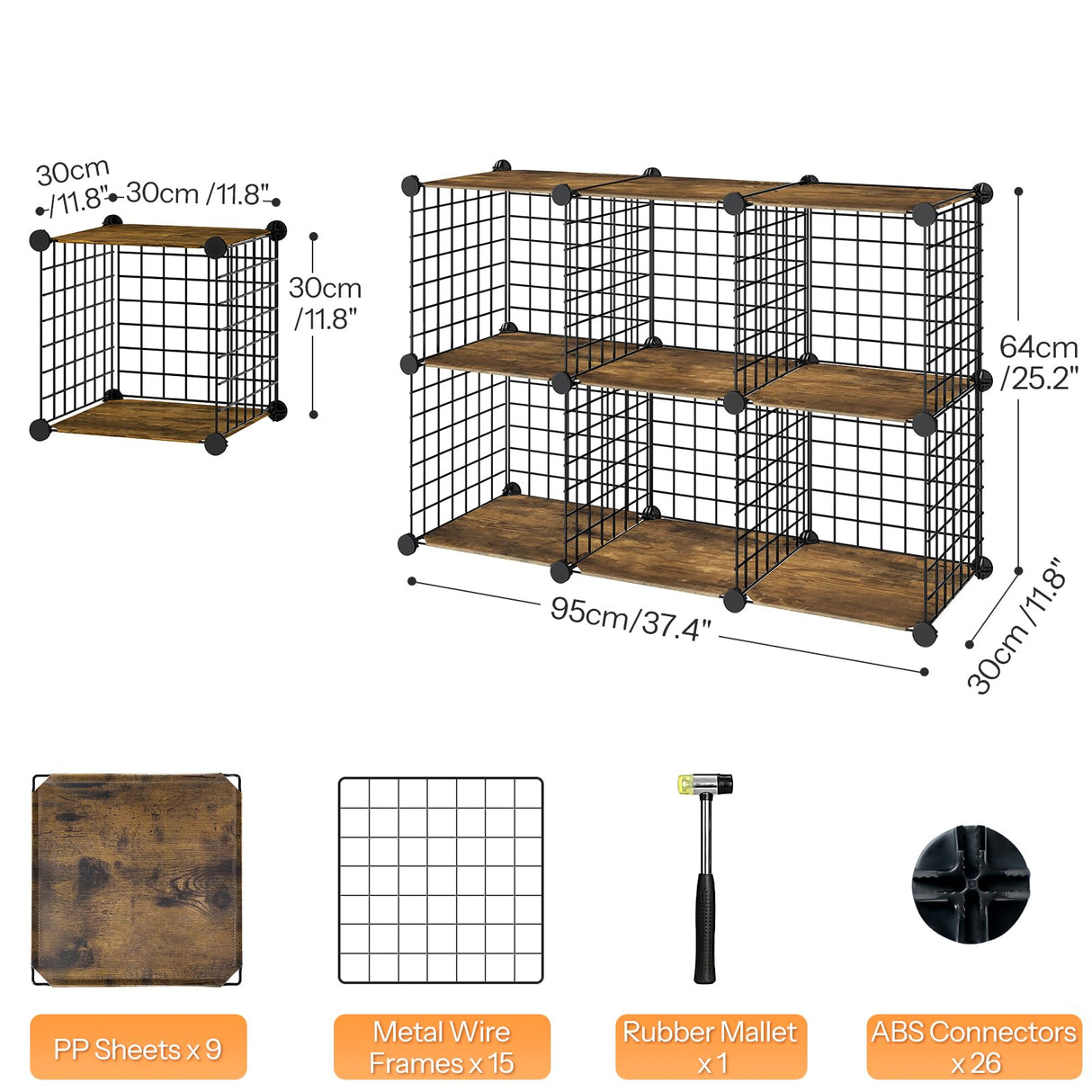 HOOBRO Cube Storage Organizer, Wire Cube Storage, 6-Cube Metal Grid Storage Shelf, Modular Cabinet, DIY Cube Bookshelf, for Living Room, Bedroom, Study, Rustic Brown and Black BF06CW01 HOOBRO