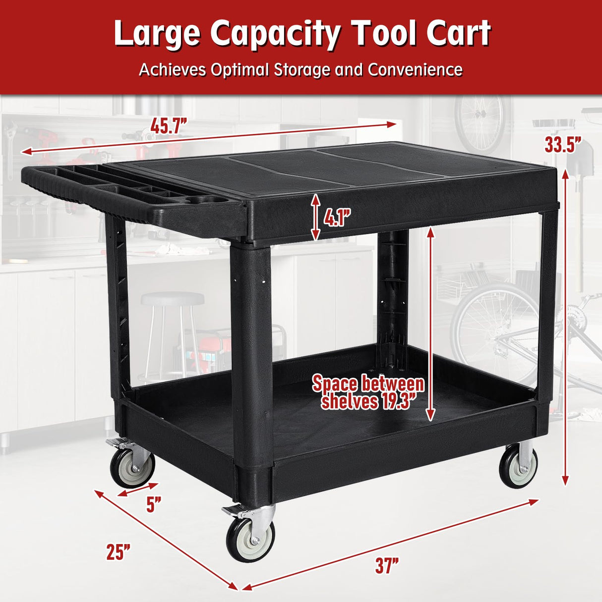 Flat Top Utility Cart, 2 Shelf Tool Cart on Wheels, 550 LBS Heavy Duty Rolling Service Cart with 360° Swivel Wheels and Ergonomics Handle for Warehouse Garage Garden Workshop, Black WXCOPON