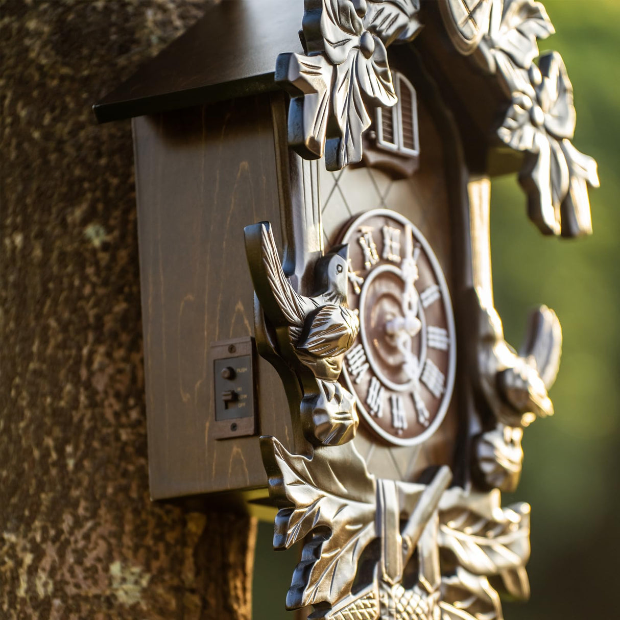 Ninefish Deep Chestnut 21x13 Dual Owl Roof Decorative Cuckoo Clock: Uniquely Beautiful, Illuminate Your Home! Night Mode, Quartz Movement, and Automatic Light Sensor Perfectly Integrated! Ninefish