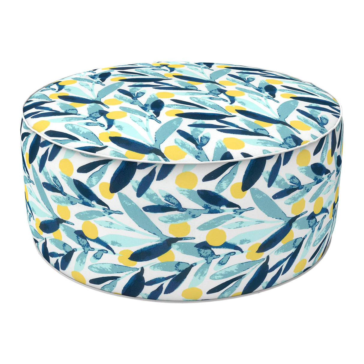 LVTXIII Outdoor/Indoor Inflatable Stool Ottoman, All Weather Patio Footrest Pouf, Portable Round Ottoman for Patio Garden, Camping or Home, D21xH9 Inches, Blue Leaves LVTXIII