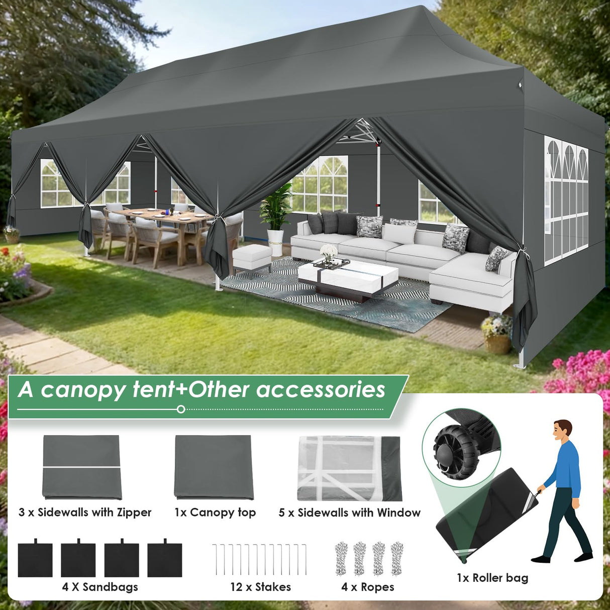 COBIZI Canopy Tent 10x30 Pop Up Canopy with 8 Removable Sidewalls Party Tents for Parties Wedding Patio Commercial Waterproof and UV50+ Ez Outdoor Instant Gazebo with Roller Bag & 4 Sandbags(Grey COBIZI