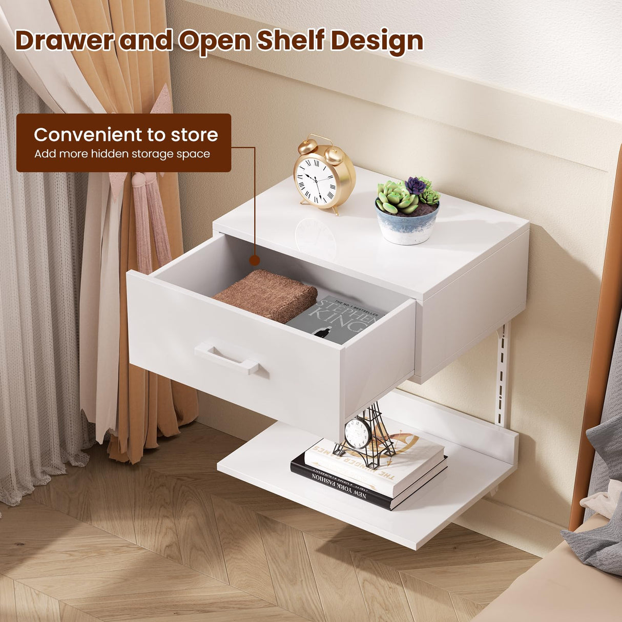 Asgolion Floating Nightstand with Drawer, Modern Wall Mounted Nightstand, Floating Bedside End Table with Adjustable Shelf, Floating Night Stand, for Bedroom, Small Spaces, Bathroom, White Asgolion