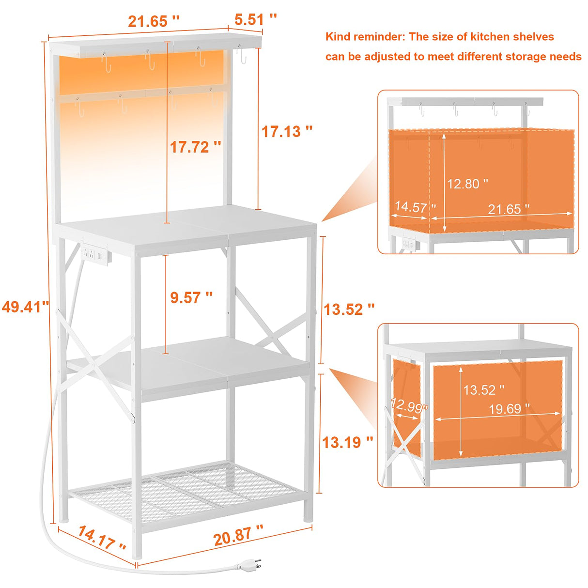 Korfile Kitchen Bakers Rack with Power Outlet & LED Lights, Small Coffee Bar Table with Adjustable Storage Shelf, 4 Tiers Microwave Stand with 8 Hooks, Coffee Station for Appliance Organizer, White Korfile