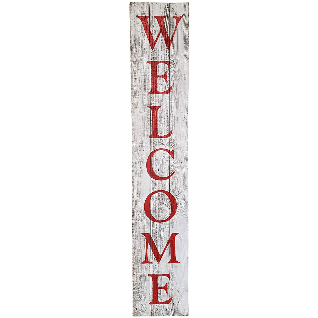 Rockin' Wood Indoor Outdoor Welcome Sign 5 Foot Vertical Rustic Reclaimed Wood Farm House Style for Front Door or Porch, Whitewash with Red Lettering Rockin' Wood