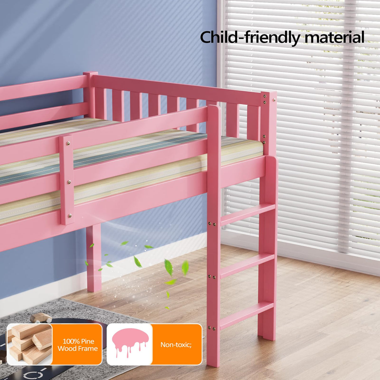 JOYMOR Low Loft Bed Twin Size with Stairs, Wooden Toddler Loft Bed for Kids, Junior,Young Teens,Pine Wood Twin Bed Frame, Space-Saving Design, No Box Spring Needed, Pink JOYMOR
